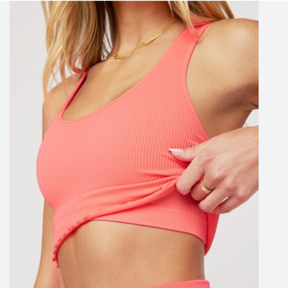 Spiritual Gangster Amor Crop Tank in Neon Coral Size M/L NEW Racerback Ribbed - Picture 1 of 10